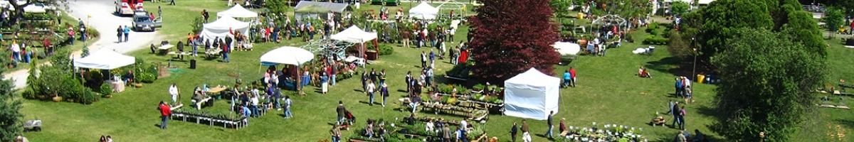 Aerial view of grassy field with multiple tents and trees. Many people walking about.
